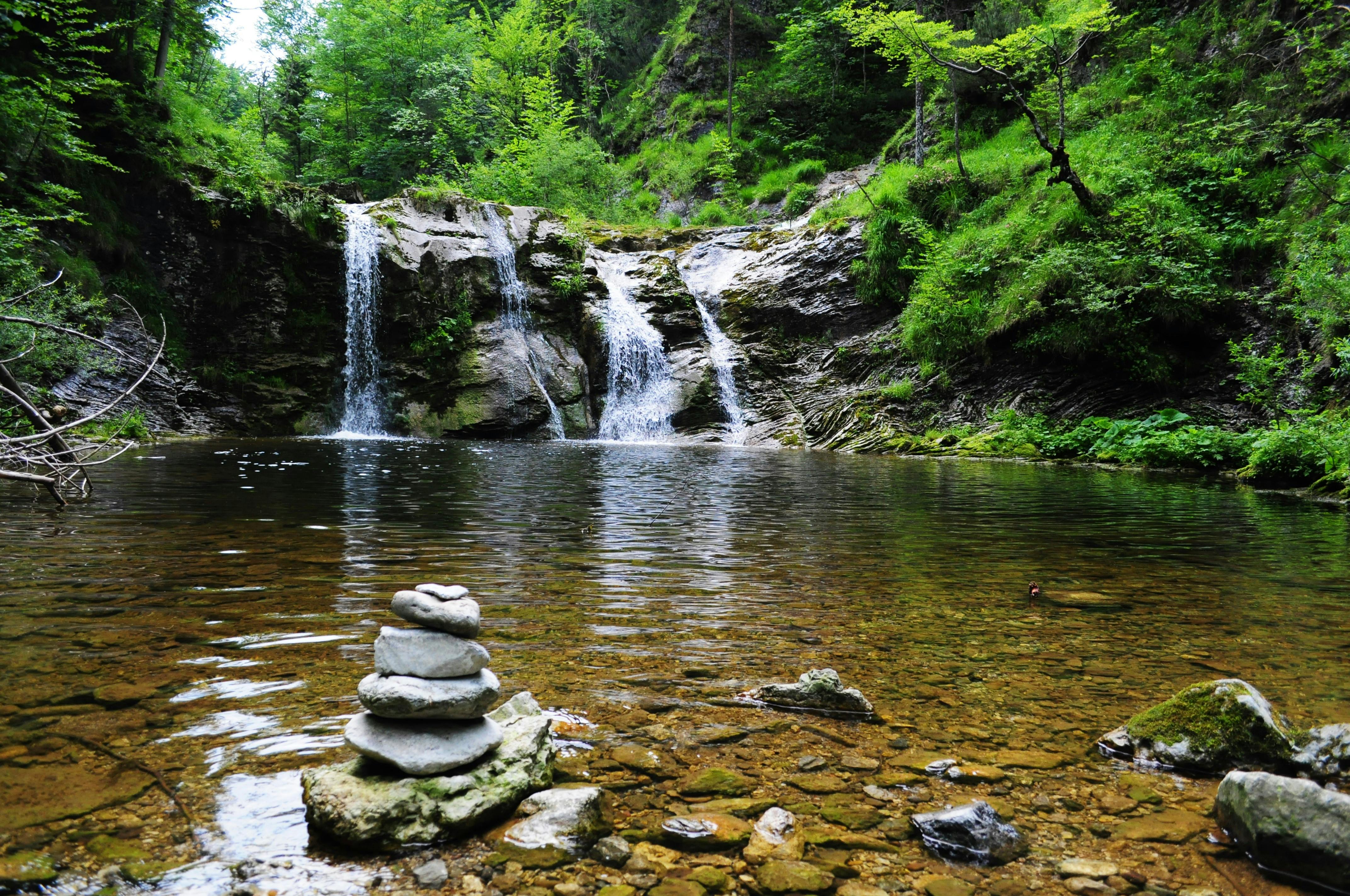 Mountainous landscape with lush green forests and a waterfall